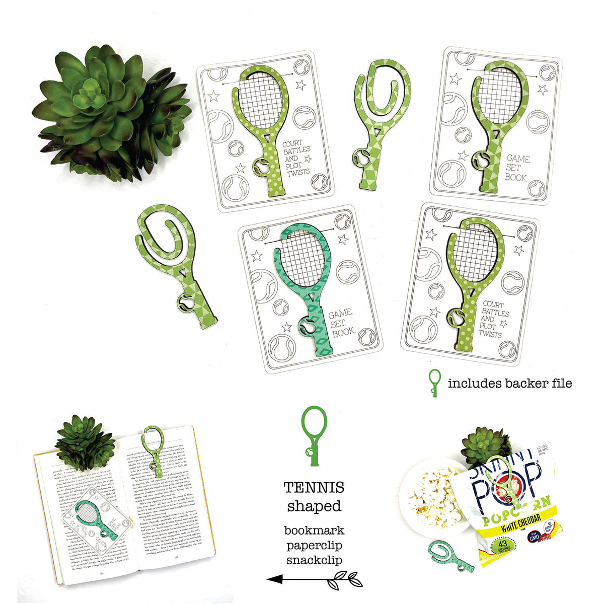 Tennis Racket Shaped Bookmark with Card Backer - Paperclip - Snack Bag Closure - Glowforge