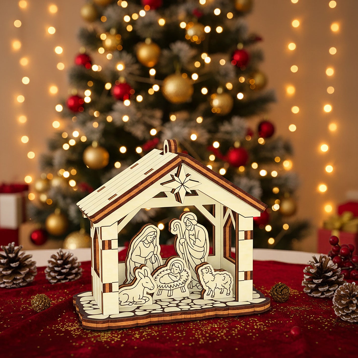 Tiny 3D Nativity Ornament - Christmas Miniature with Barn & Holy Family - Glowforge
