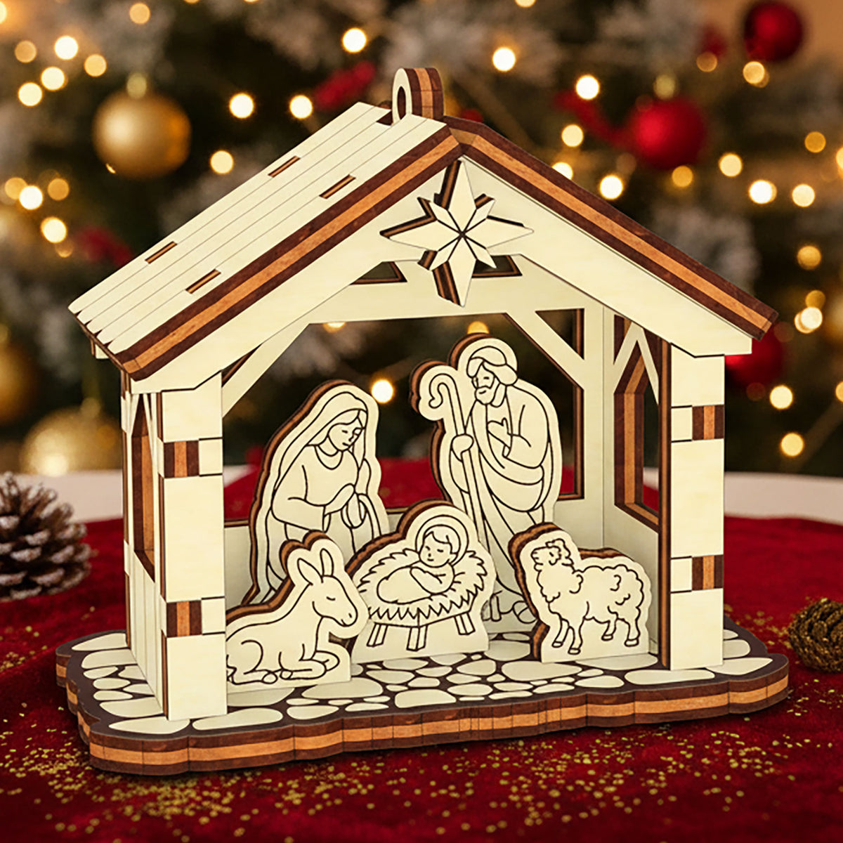 Tiny 3D Nativity Ornament - Christmas Miniature with Barn & Holy Family - Glowforge