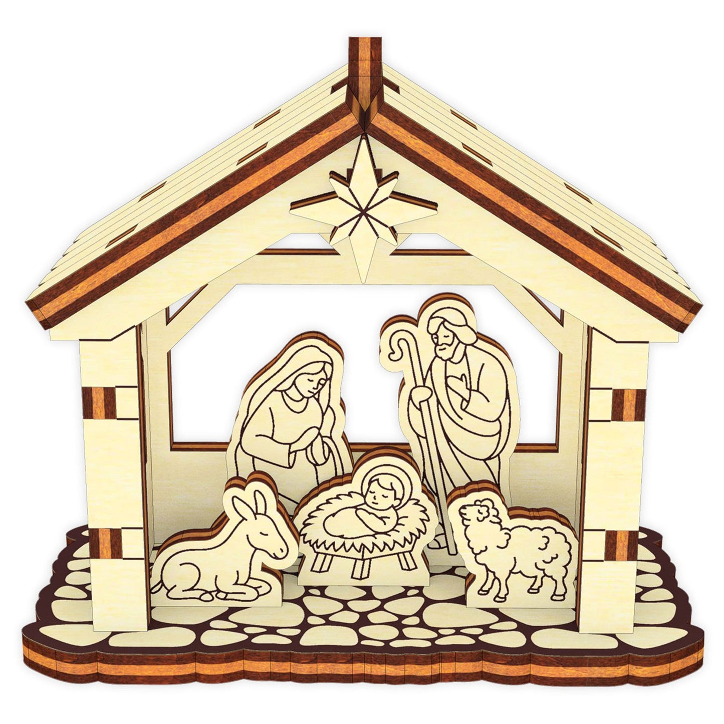 Tiny 3D Nativity Ornament - Christmas Miniature with Barn & Holy Family - Glowforge