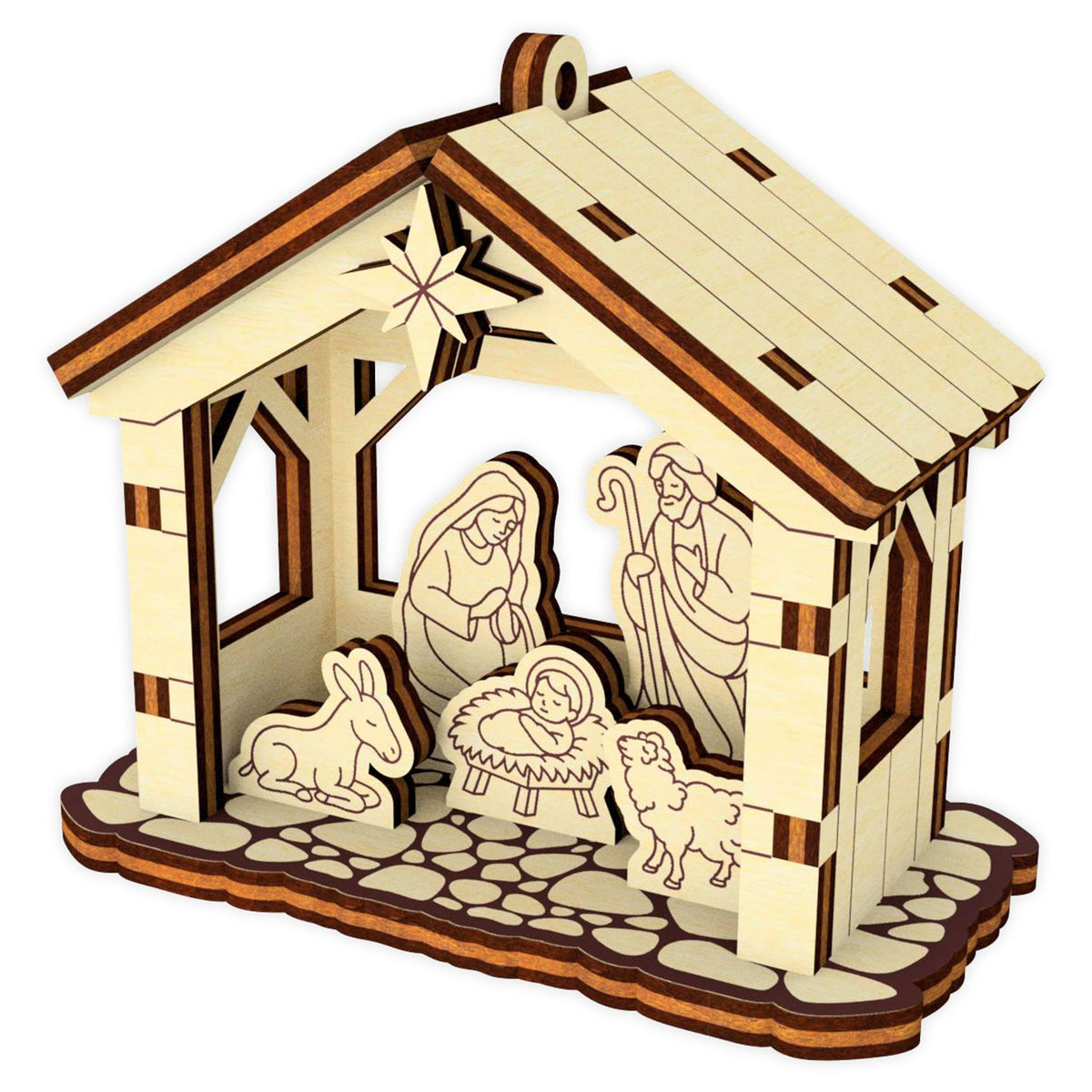 Tiny 3D Nativity Ornament - Christmas Miniature with Barn & Holy Family - Glowforge