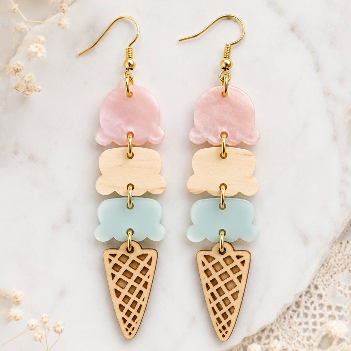 Triple Scoop Ice Cream Cone Dangle Earrings - Glowforge