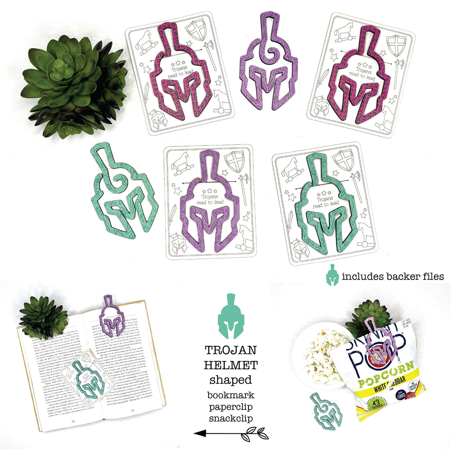 Trojan Helmet Bookmark with Card Backer - Paperclip - Snack Bag Closure - Glowforge