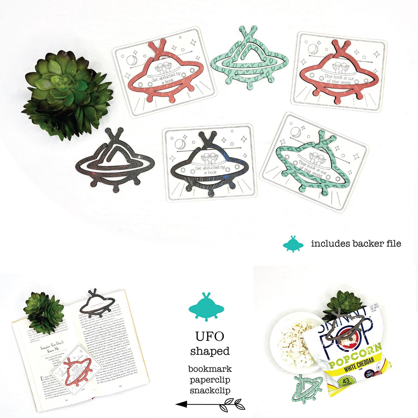 UFO Shaped Bookmark with Card Backer - Paperclip - Snack Bag Closure - Glowforge