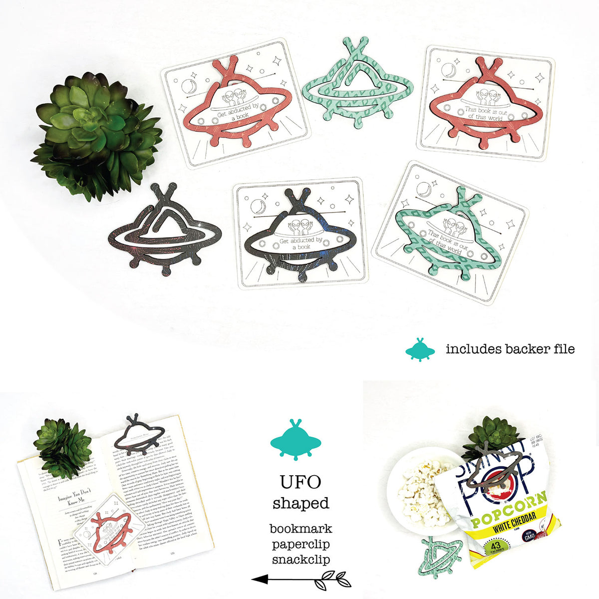 UFO Shaped Bookmark with Card Backer - Paperclip - Snack Bag Closure - Glowforge