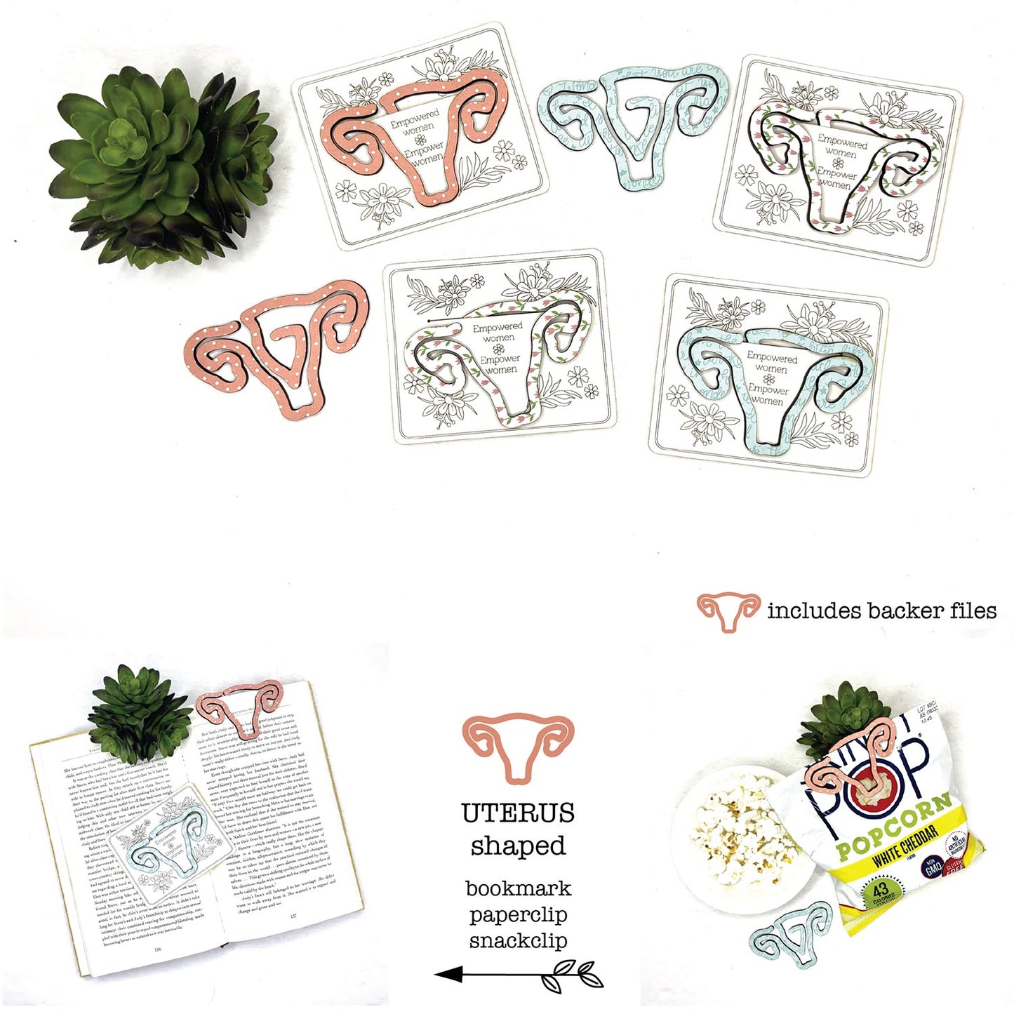 Uterus Shaped Bookmark with Card Backer - Paperclip - Snack Bag Closure - Glowforge