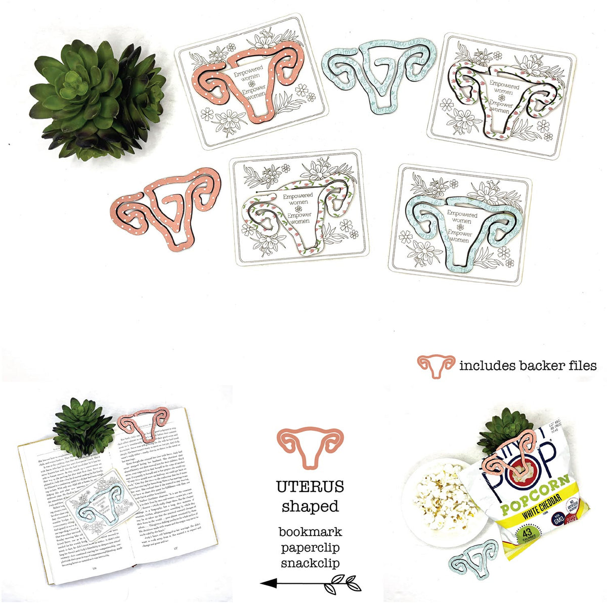 Uterus Shaped Bookmark with Card Backer - Paperclip - Snack Bag Closure - Glowforge