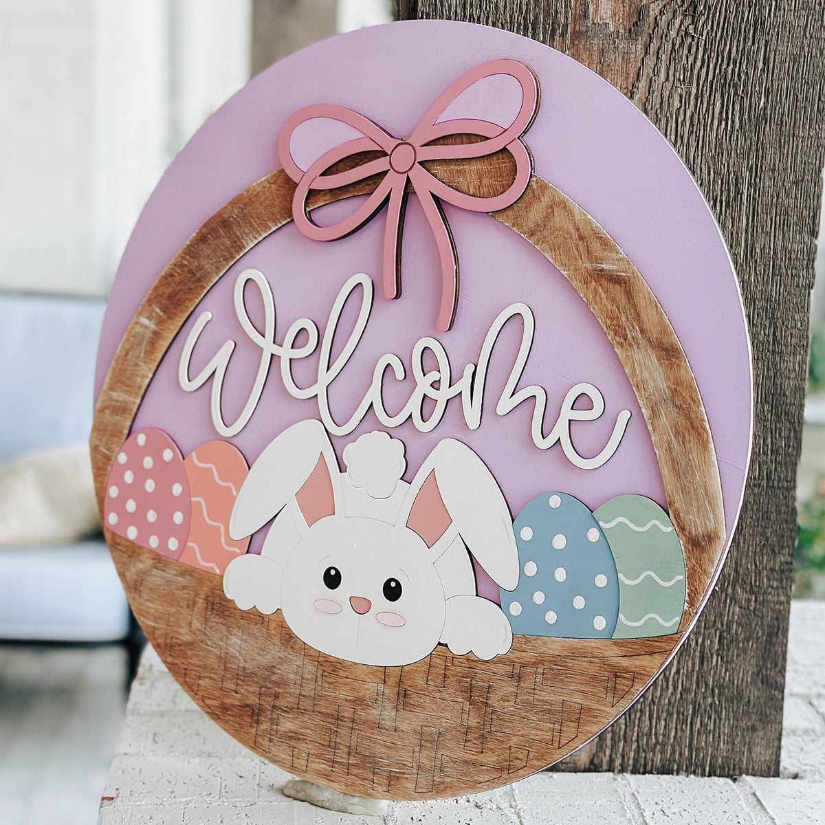 Easter Door Rounds Welcome Bunny Easter Basket Door Hanger – Layered Round Spring Sign ...