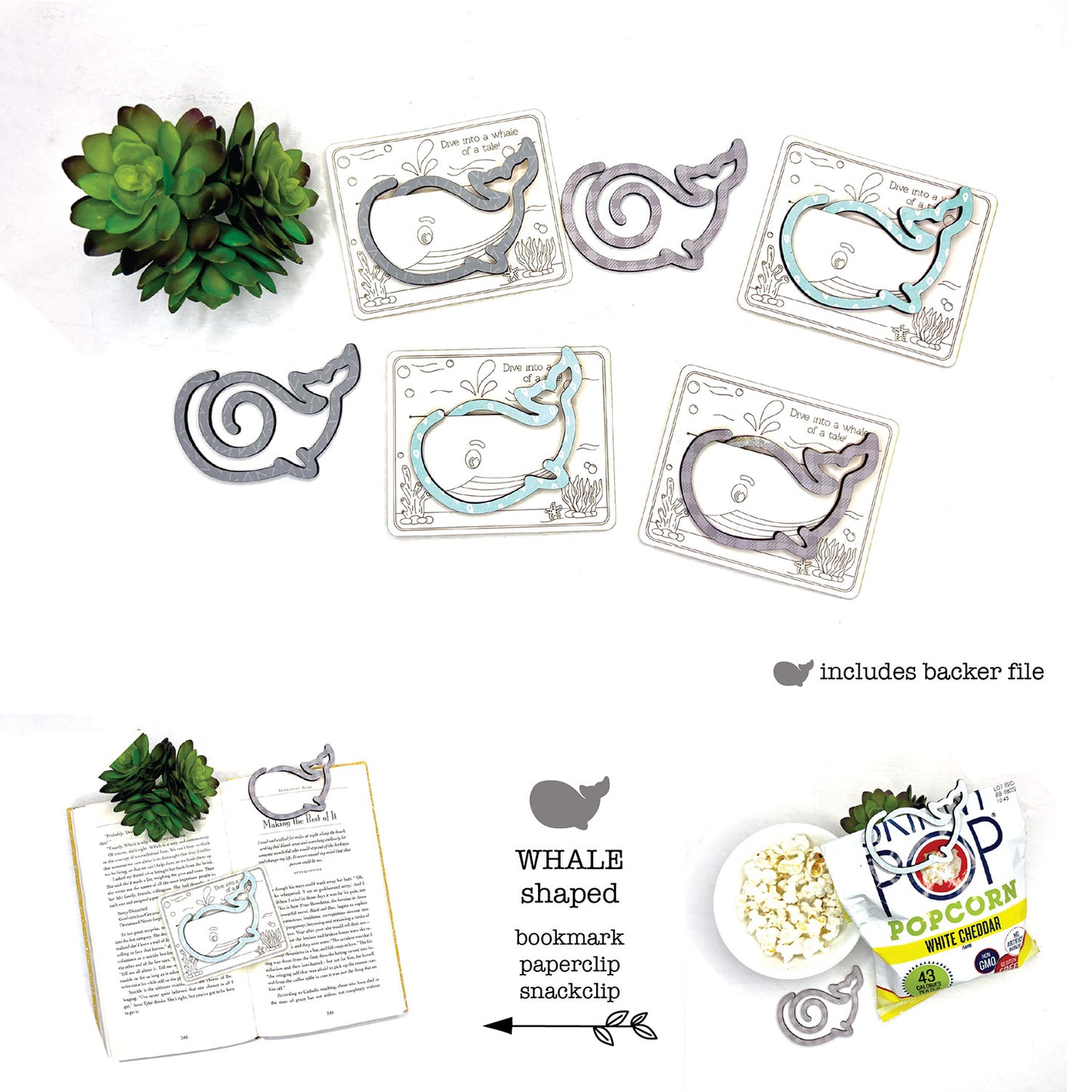 Whale Shaped Bookmark with Card Backer - Paperclip - Snack Bag Closure - Glowforge