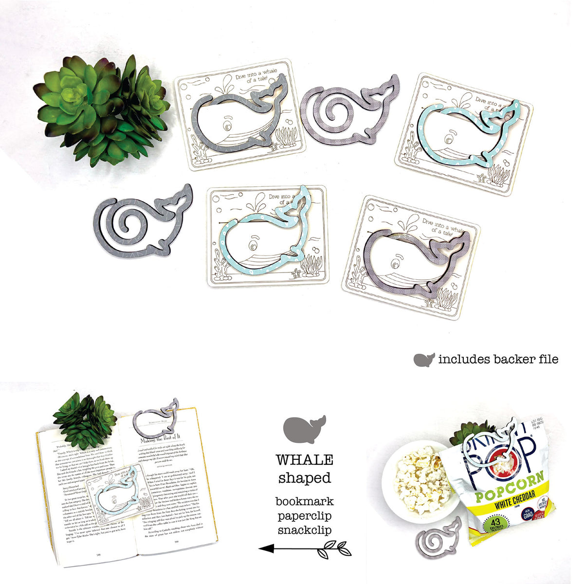 Whale Shaped Bookmark with Card Backer - Paperclip - Snack Bag Closure - Glowforge