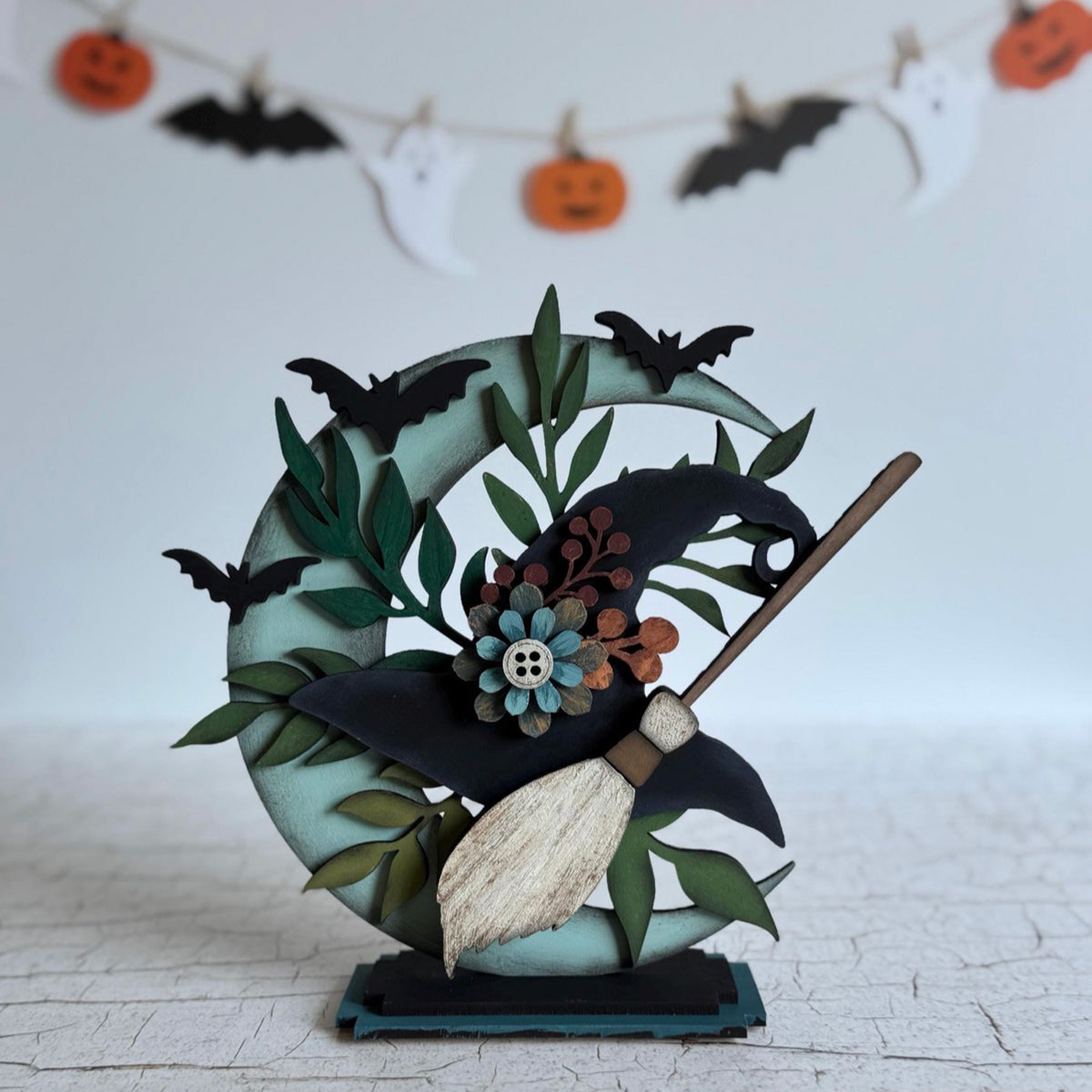 Whimsical Halloween Moon Adorned with Witch Hat and Broom Shelf Sitter for 1/8" Material  - Glowforge