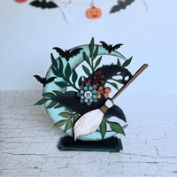 Whimsical Halloween Moon Adorned with Witch Hat and Broom Shelf Sitter for 1/8" Material - Glowforge