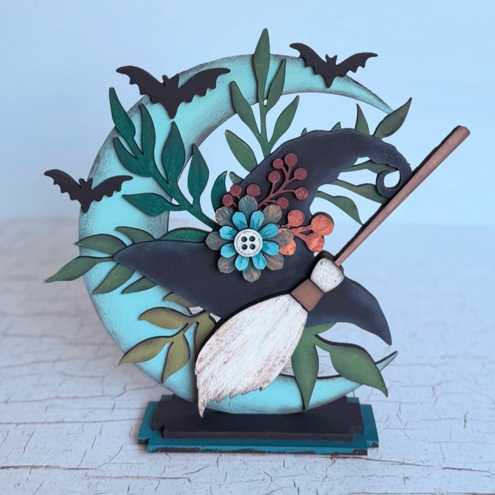 Whimsical Halloween Moon Adorned with Witch Hat and Broom Shelf Sitter for 1/8" Material - Glowforge