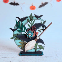 Whimsical Halloween Moon Adorned with Witch Hat and Broom Shelf Sitter for 1/8" Material