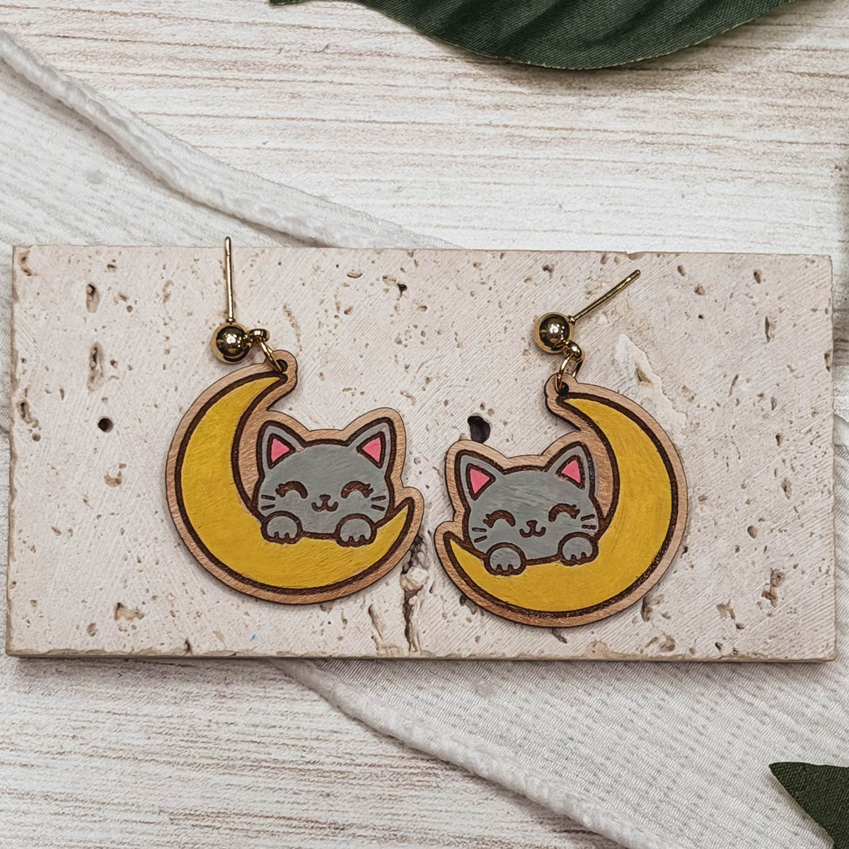 Whimsical Moon Cat Earrings - Glowforge