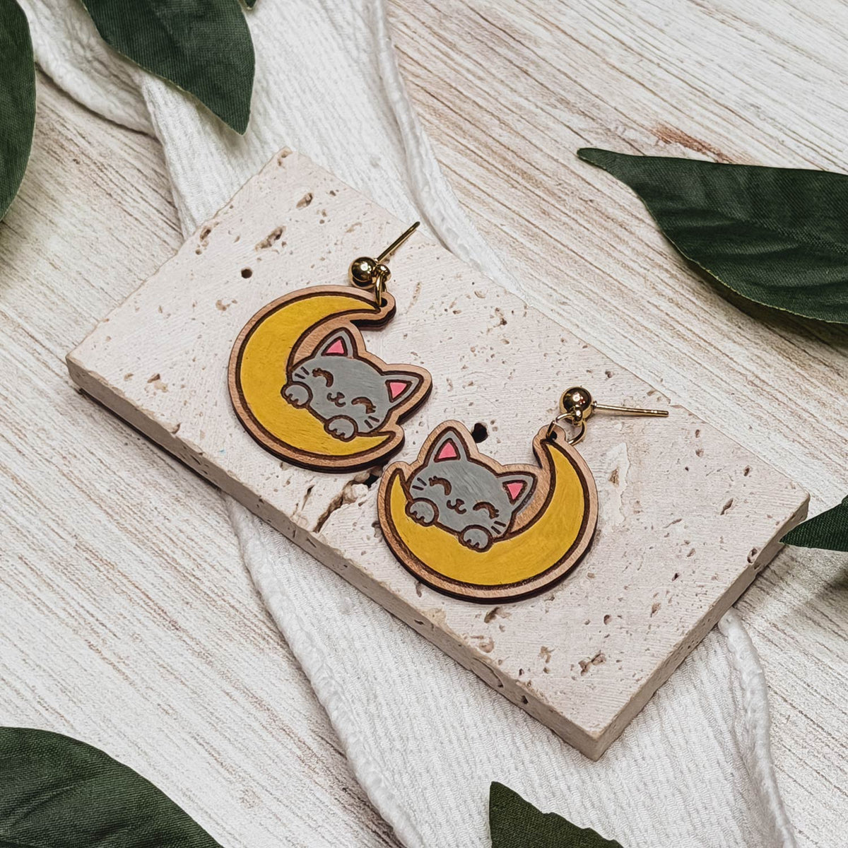 Whimsical Moon Cat Earrings - Glowforge