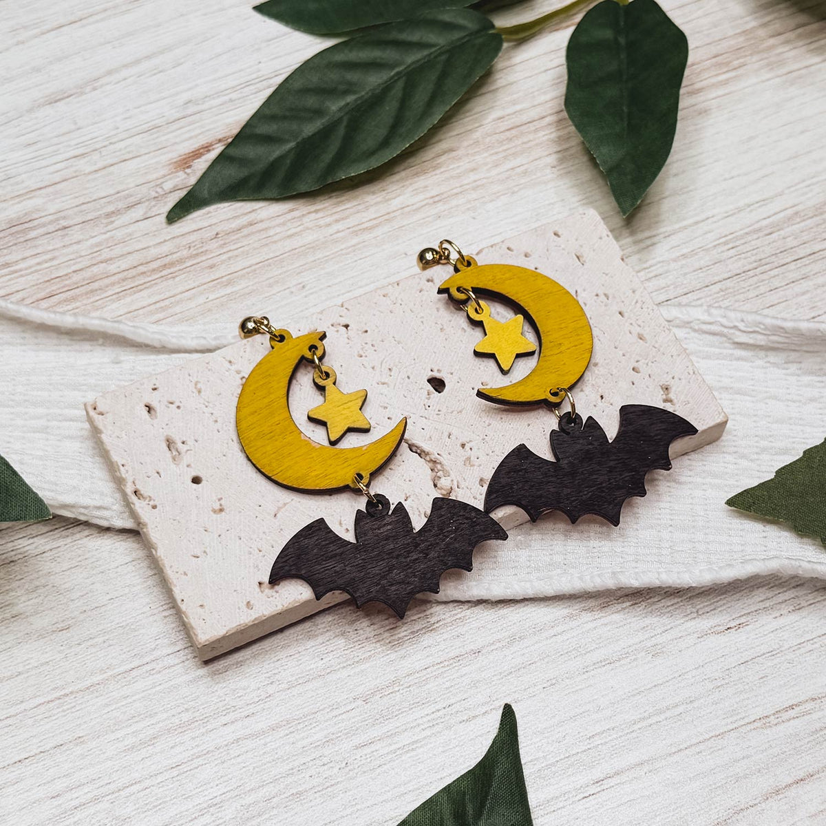 Whimsical Moon Star And Bat Earrings - Glowforge