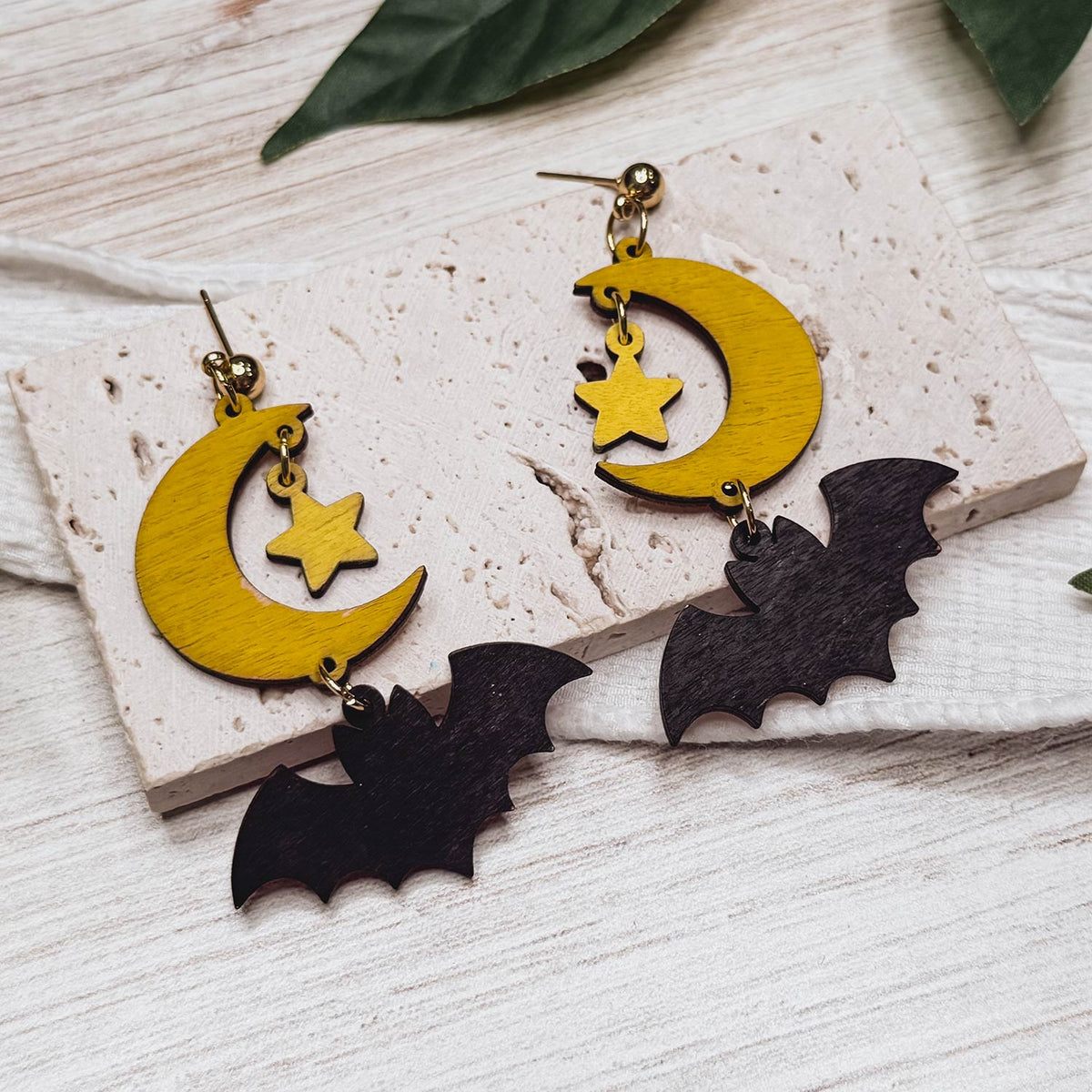 Whimsical Moon Star And Bat Earrings - Glowforge