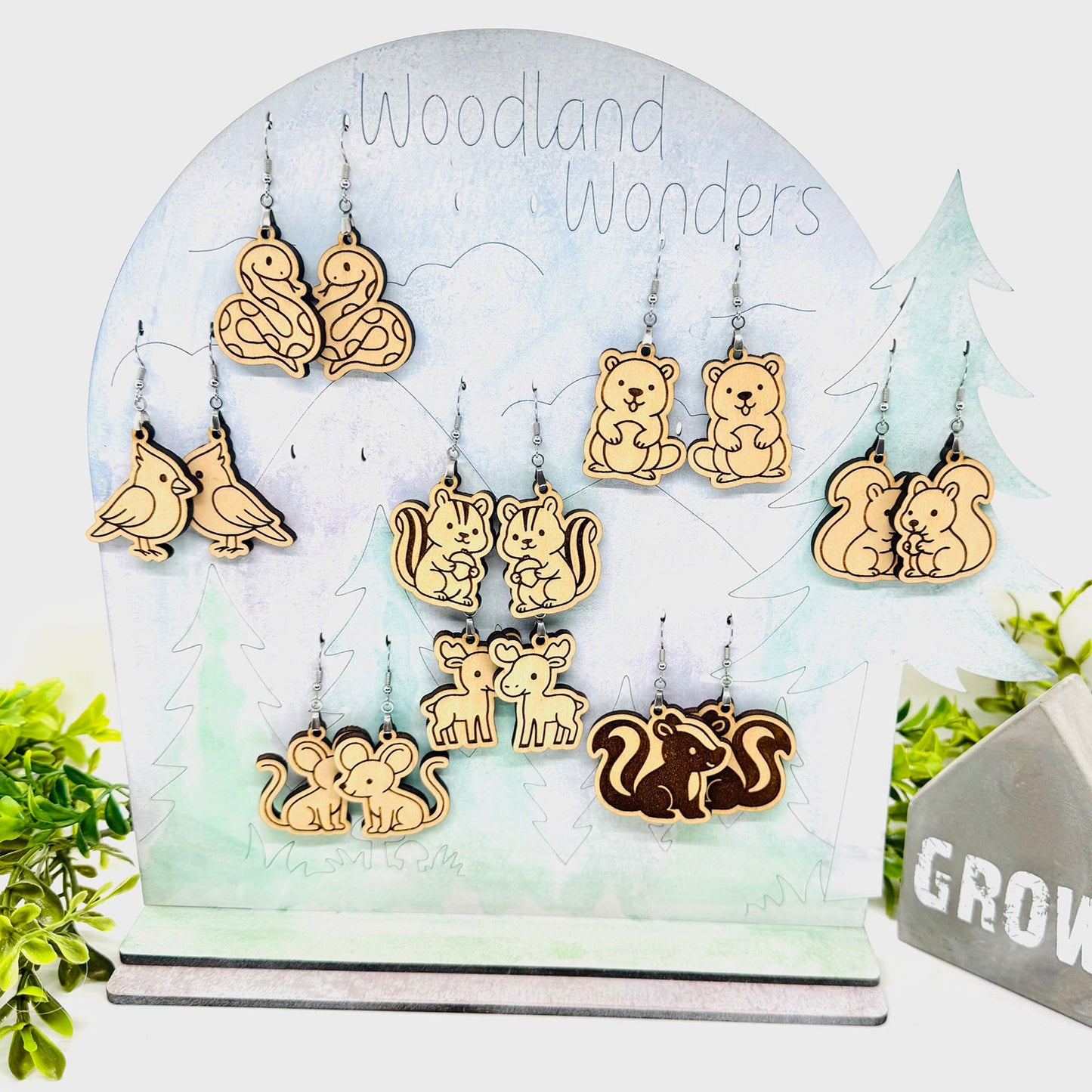 Woodland Wonders #2 Earrings (Set of 8) & Display Stand - Glowforge