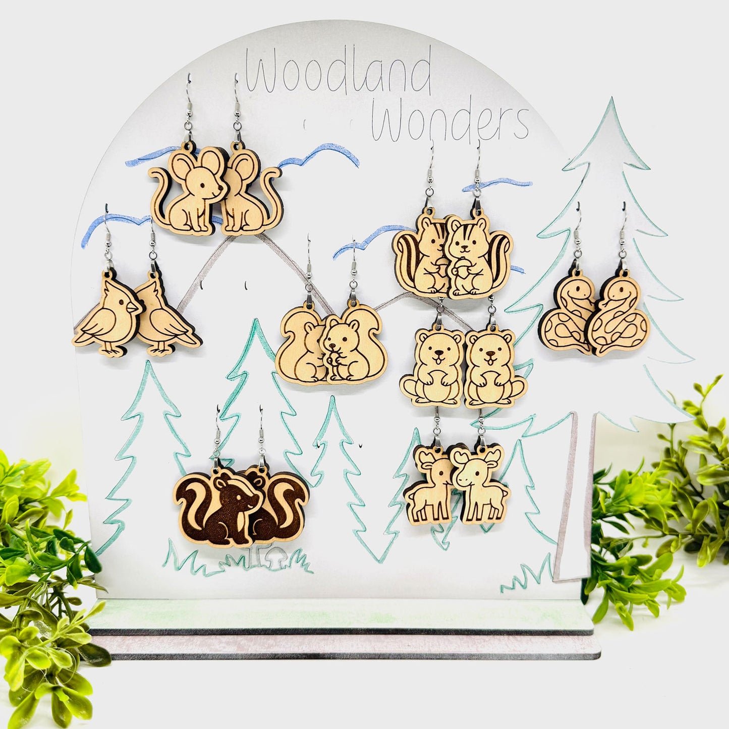 Woodland Wonders #2 Earrings (Set of 8) & Display Stand - Glowforge