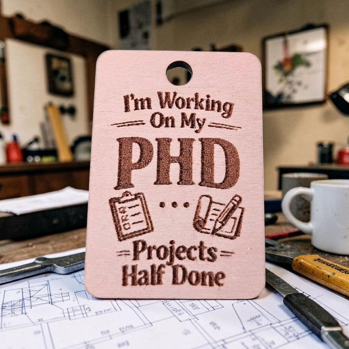 "Working On My PHD...Projects Half Done" Keychain - Glowforge