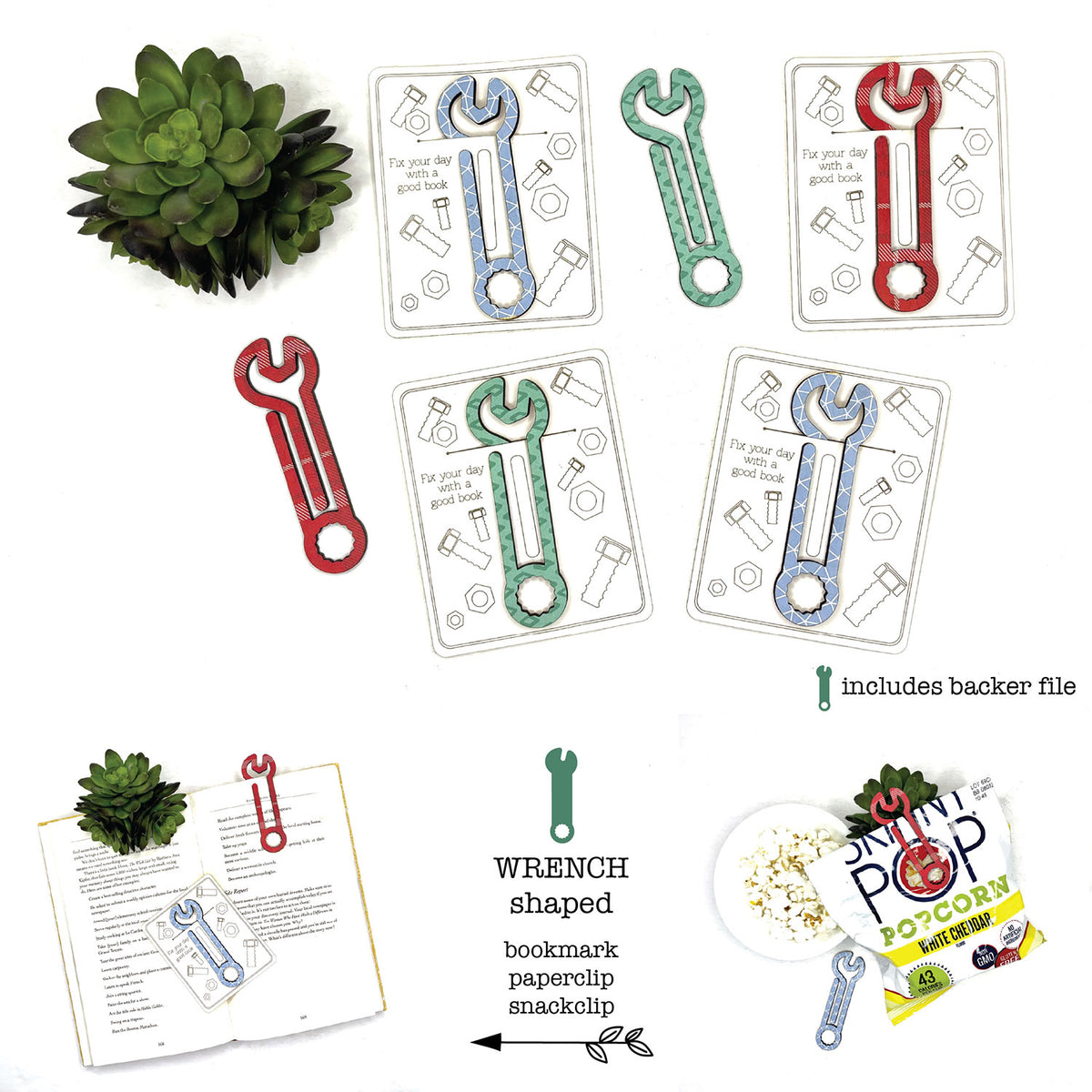 Wrench Shaped Bookmark with Card Backer - Paperclip - Snack Bag Closure - Glowforge