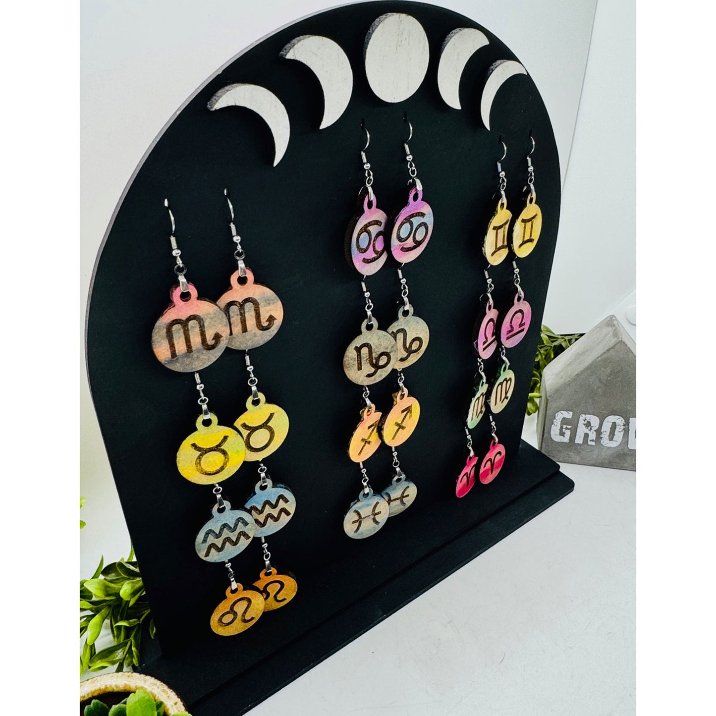 Zodiac Earring with Display Stand - Astrology Earrings Collection (Set of 12) - Glowforge