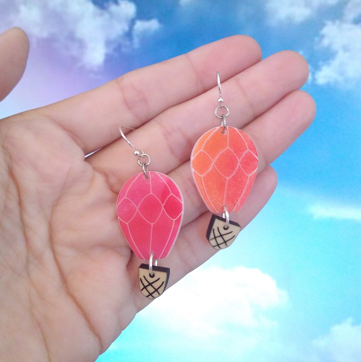 Hot Air Balloon with Wooden Basket Earrings
