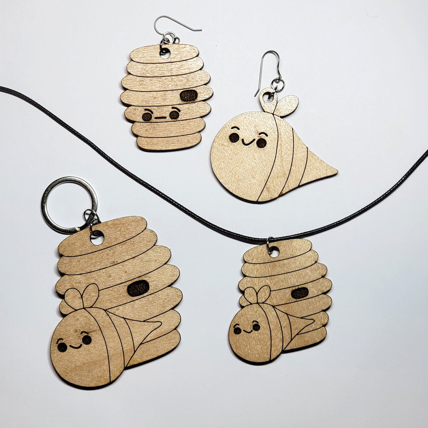 Busy Bee and Hive Kawaii Earrings, Pendant, and Keychain Set