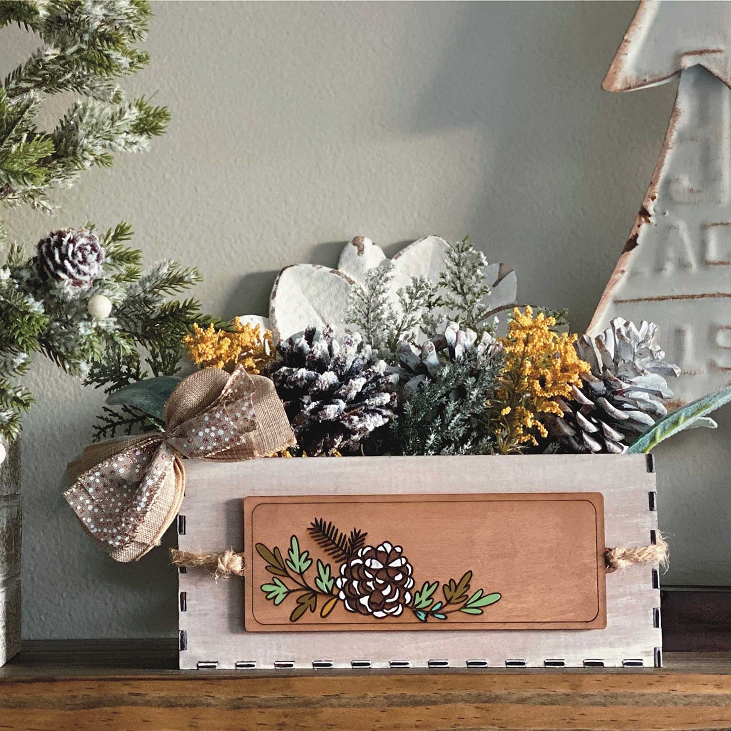 Decorative Box with Two Wood Tags (Pinecone and Blank)