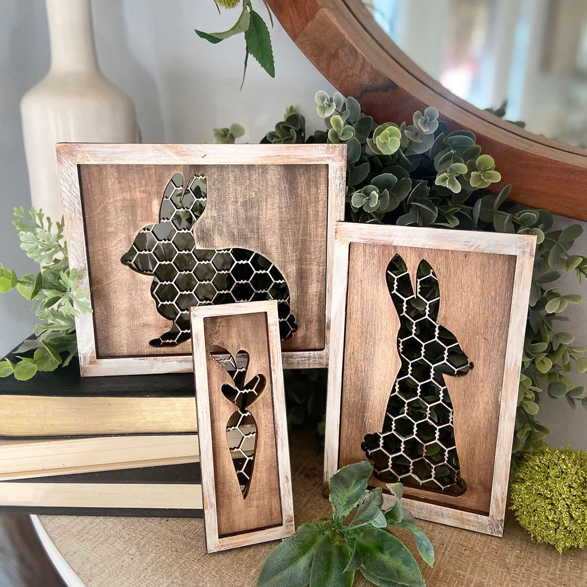 Faux Rustic Chicken Wire Spring Bunny Easter Sign (Set of 3