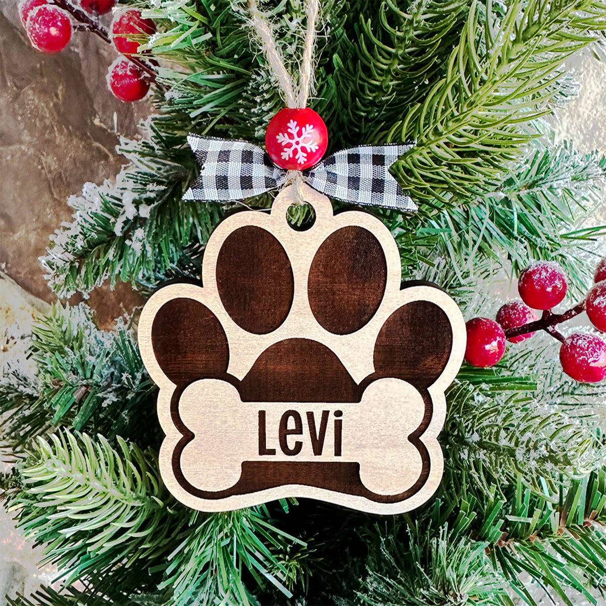 Personalized Pet Paw Print Christmas Ornament Bulb Custom Wood Dog