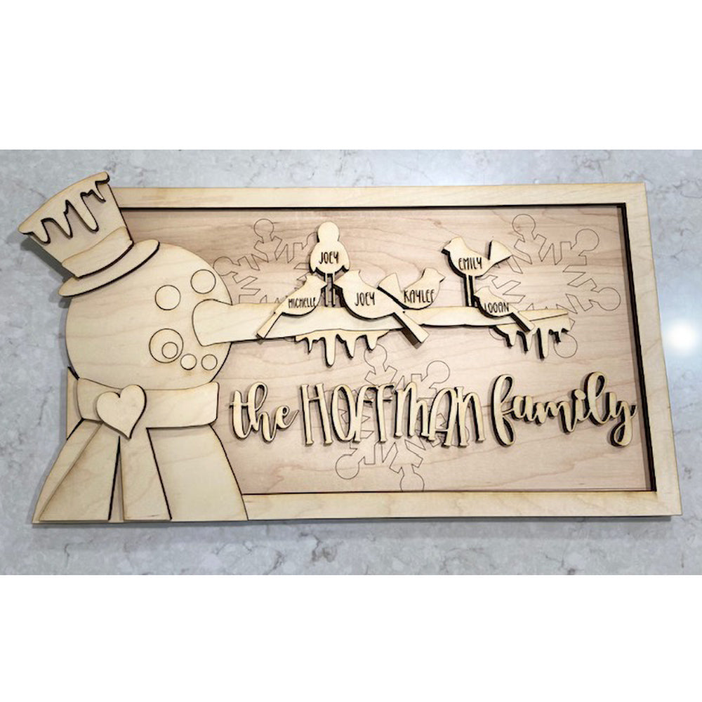Personalized Snowman Family Name Sign with Winter Cardinals and Bluebirds