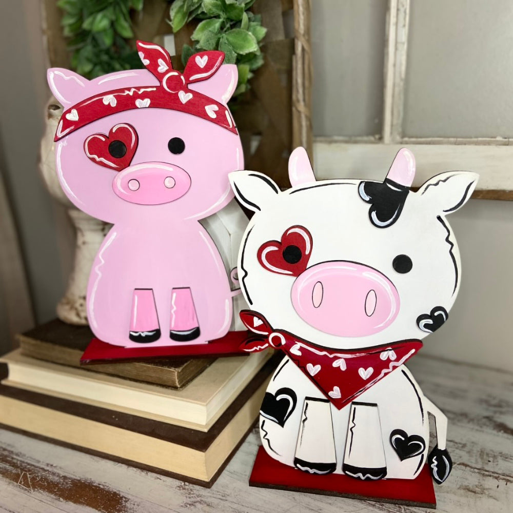 Standing Cow and Pig Kids Valentine Sign Shelf Sitter