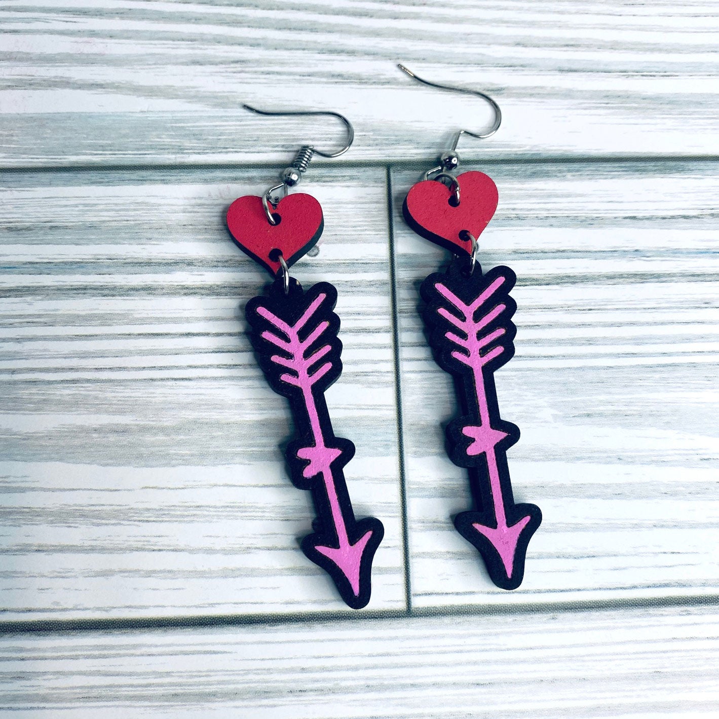 Valentine's Heart and Arrow Love Tier Stack Dangle Earrings